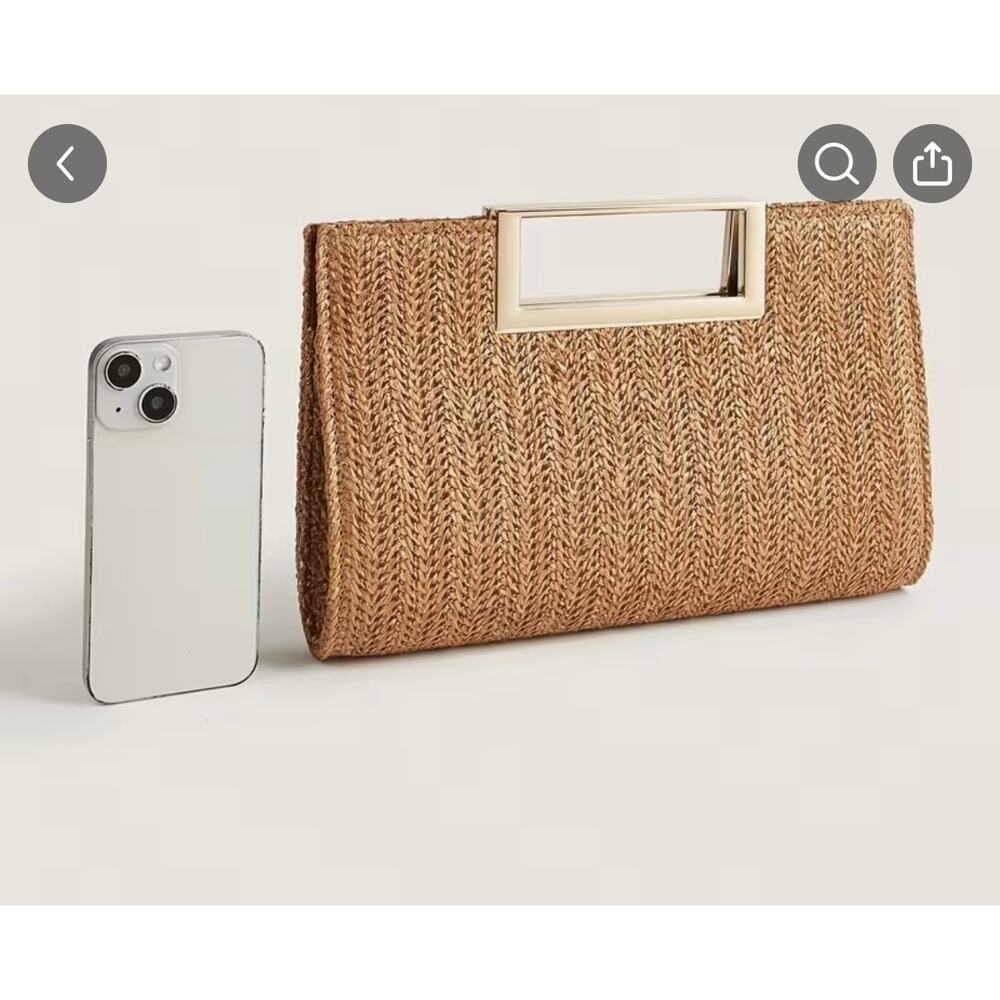 NWT Revolve Woven Gold Chain Coastal Resort Brown Straw Raffia Chain Crossbody - Picture 4 of 5
